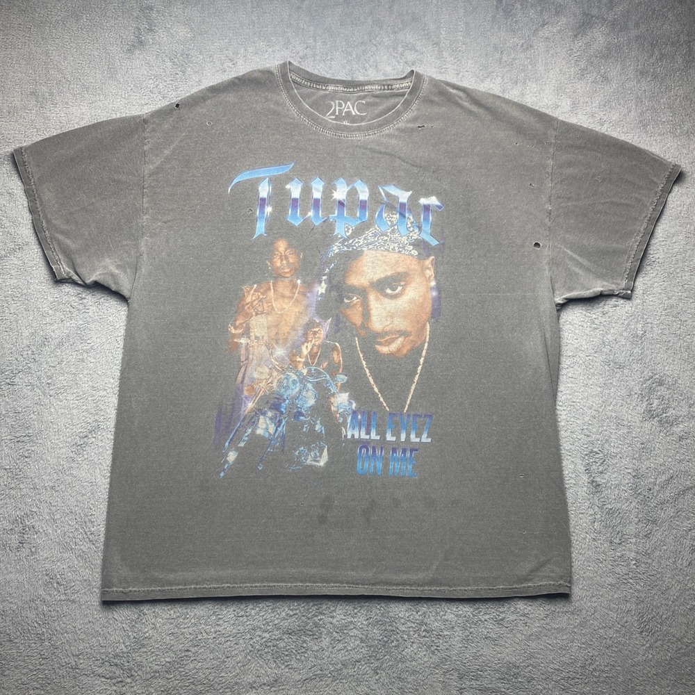 2Pac T-Shirt Mens XL Distressed Faded Charcoal Gray‎ All Eyez On Me Hip Hop Rap